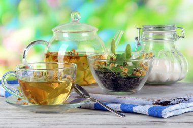 Kettle ve çay ile ıhlamur doğa zemin üzerine ahşap tablo