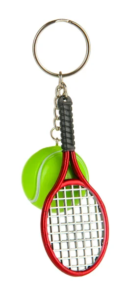 Key chain-tennis racket and tennis ball isolated on white — Stock Photo, Image