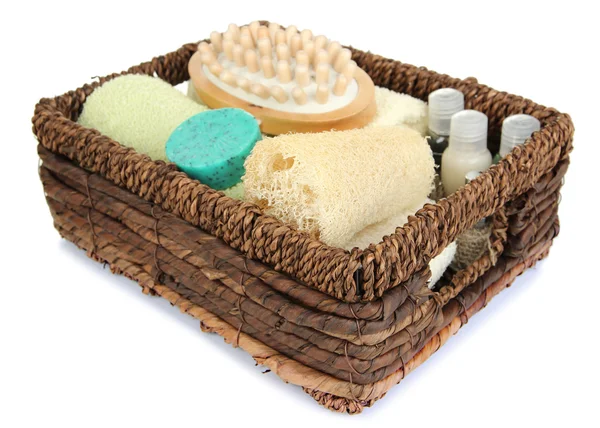 Set for spa in wicker basket, isolated on white — Stock Photo, Image