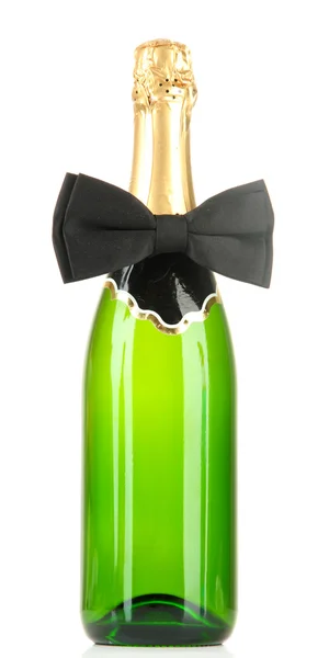 Black bow tie on champagne bottle isolated on white — Stock Photo, Image