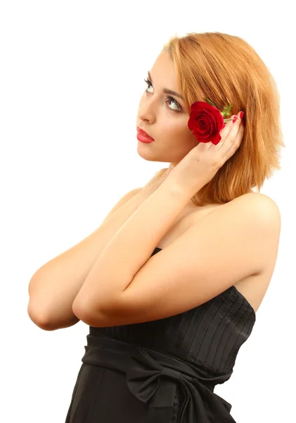 Retrato de mujer joven sexy con rosa roja — Stockfoto