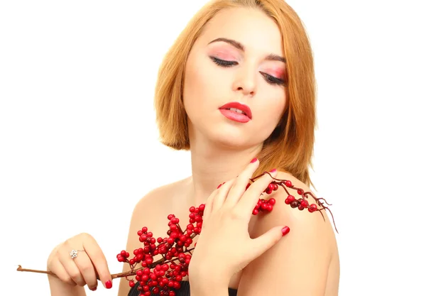 A piros bogyós gyümölcsök a gyönyörű nő portréja — Stock Fotó