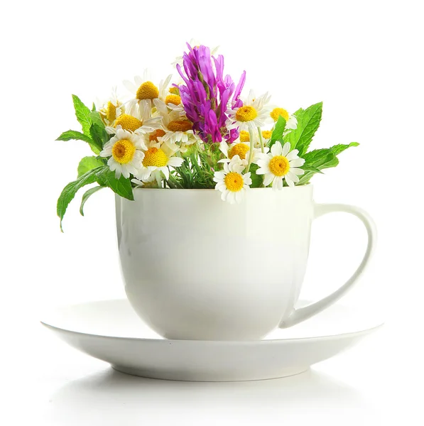 Beautiful wild flowers and mint in cup, isolated on white — Stock Photo, Image
