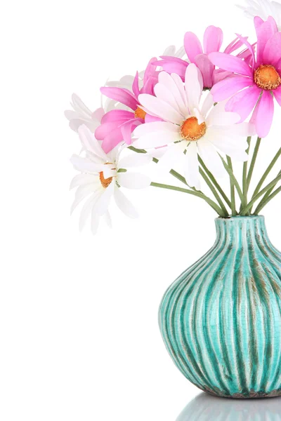孤立在白色的多彩花瓶里的美丽雏菊 — 图库照片