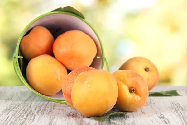 Abricots en seau sur table en bois sur fond nature — Photo