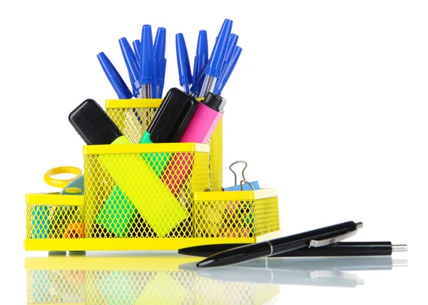 Office equipment in yellow stationary holder isolated on white — Stock Photo, Image