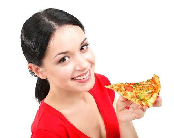 Beautiful girl eats pizza close-up isolated on white Stock Image