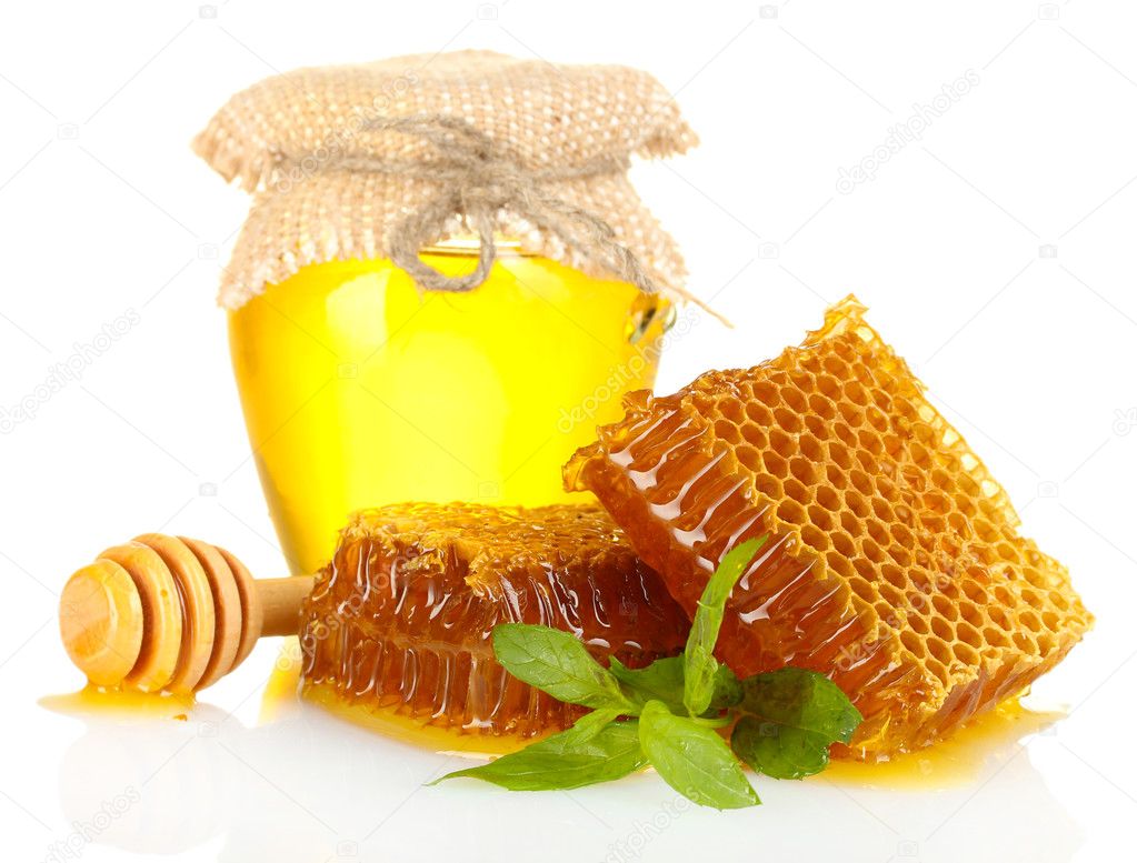 sweet honeycombs, jar with honey and flowers, isolated on white