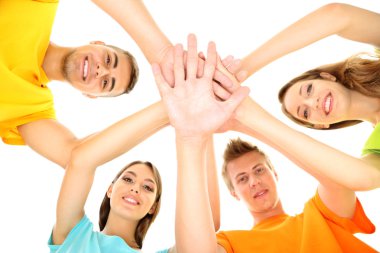 mutlu bir grup üzerinde beyaz izole güzel genç insan