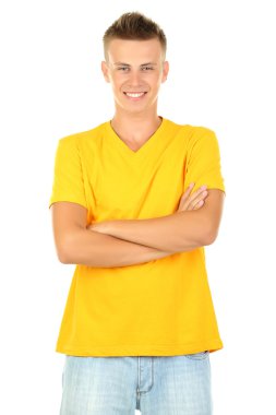 t-shirt üzerine genç adam beyaz izole