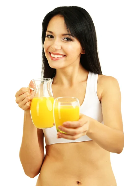 Chica con zumo de naranja fresco aislado en blanco — Foto de Stock