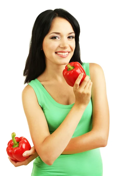Girl with fresh peppers isolated on white — Stock Photo, Image
