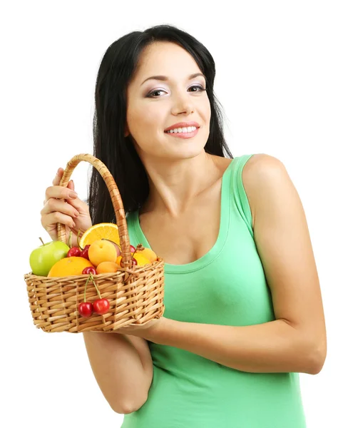 Menina com frutas frescas isoladas no branco — Fotografia de Stock