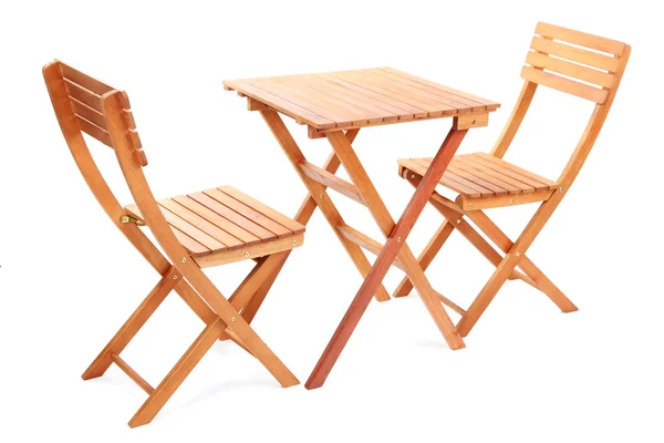 Houten tafel met stoelen geïsoleerd op wit — Stockfoto