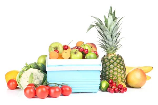 Fresh fruits and vegetables in mini refrigerator, isolated on white — Stock Photo, Image