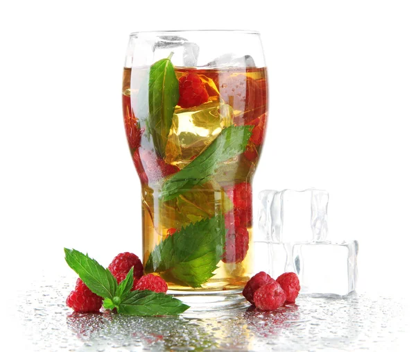 Iced tea with raspberries and mint isolated on white — Stock Photo, Image