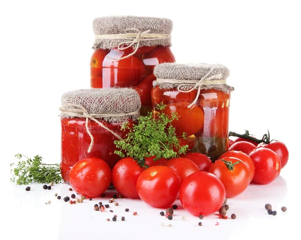 Tasty canned and fresh tomatoes, isolated on white — Stock Photo, Image