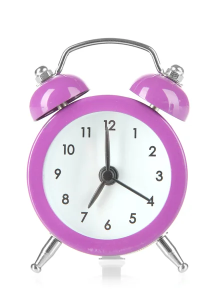 Relógio de alarme roxo isolado em branco — Fotografia de Stock