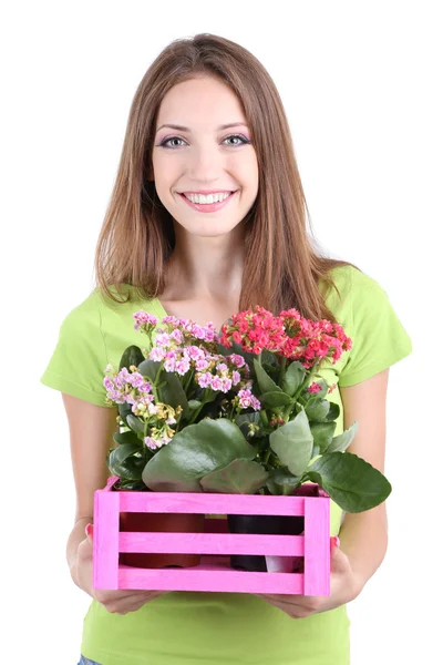 Schönes Mädchen mit Blume im Topf isoliert auf weiß — Stockfoto