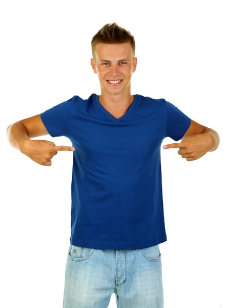 T-Shirt auf jungen Mann isoliert auf weiß — Stockfoto