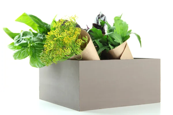 Fresh herbs in wooden crate, isolated on white — Stock Photo, Image