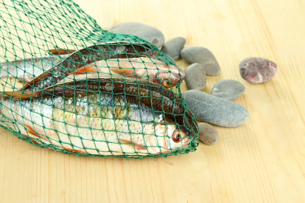 Fishes in fishing net on wooden background — Stock Photo, Image