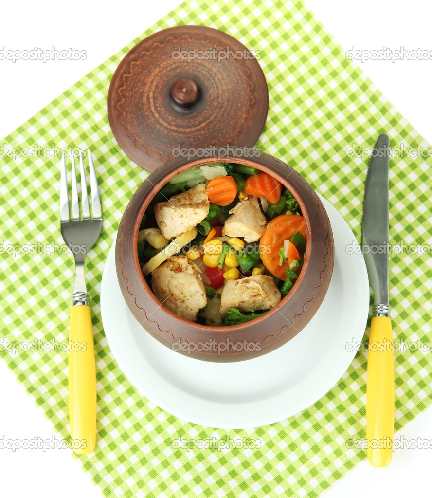 Baked mixed vegetable with chicken breast in pot, isolated on white