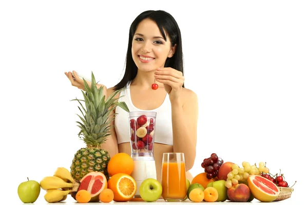 Menina com frutas frescas isoladas no branco — Fotografia de Stock