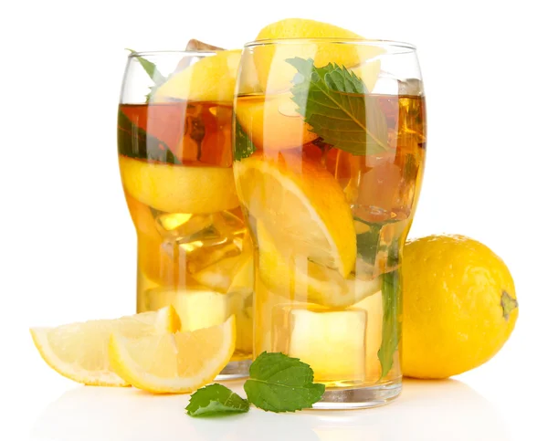 Iced tea with lemon and mint isolated on white — Stock Photo, Image