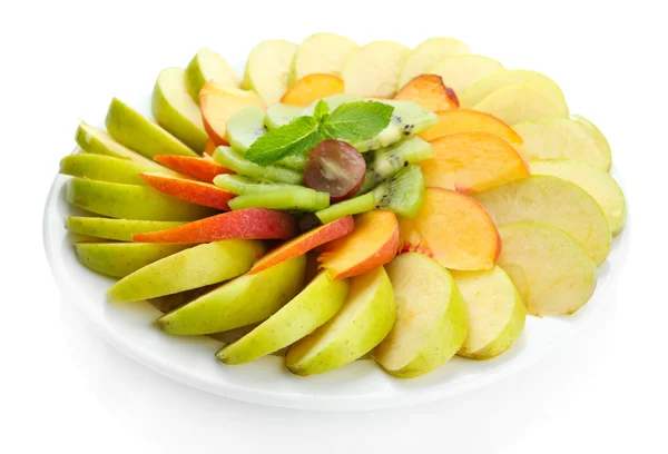 Assortment of sliced fruits on plate, isolated on white — Stock Photo, Image