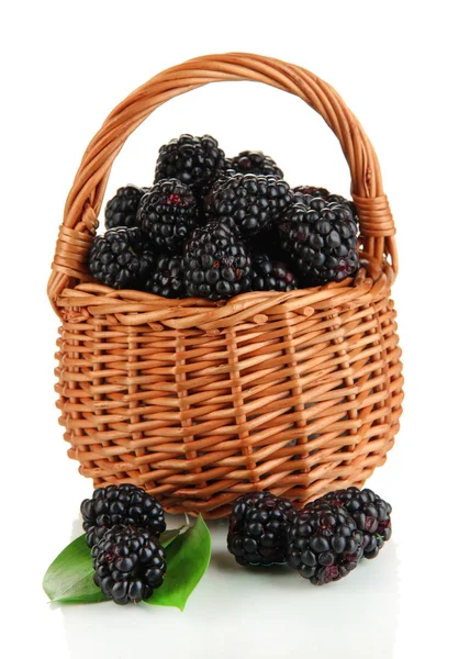 Ripe blackberries in basket isolated on white — Stock Photo, Image