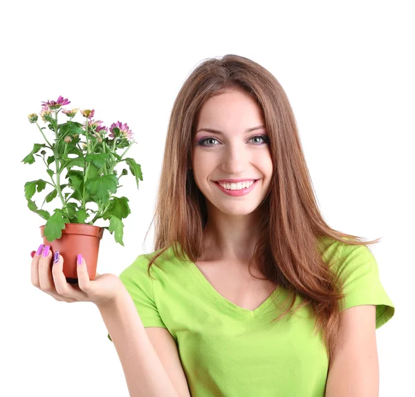 Beautiful girl with flower in pot isolated on white — Stock Photo, Image