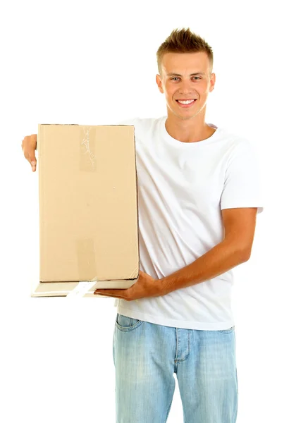 Young delivery man holding parcel, isolated on white — Stock Photo, Image