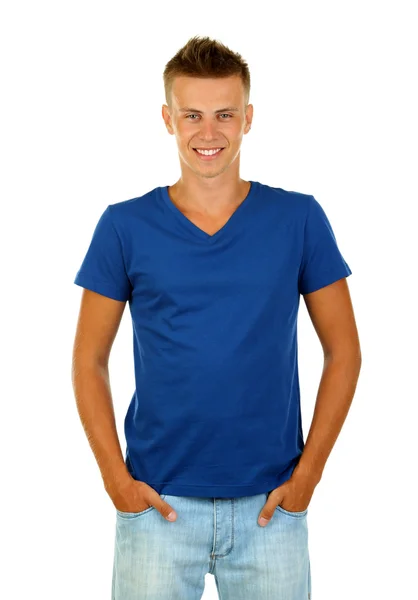 T-shirt op jonge man geïsoleerd op wit — Stockfoto