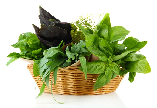 Fresh herbs in basket, isolated on white — Stock Photo, Image