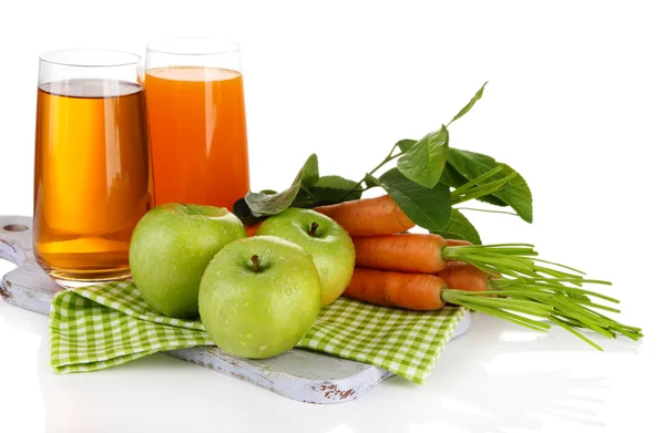 Glasses of juice, apples and carrots, isolated on white — Stock Photo, Image