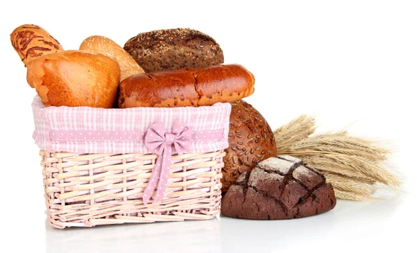 Baked bread in wicker basket isolated on white — Stock Photo, Image