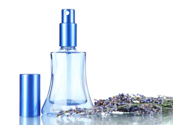 Parfum in fles en lavendel geïsoleerd op wit — Stockfoto