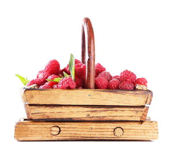 Ripe sweet raspberries in wooden basket, isolated on white — Stock Photo, Image