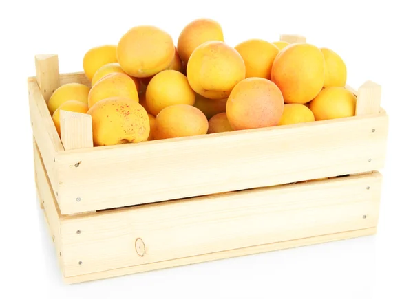 Свежий натуральный абрикос в деревянной коробке, изолированной на белом — стоковое фото