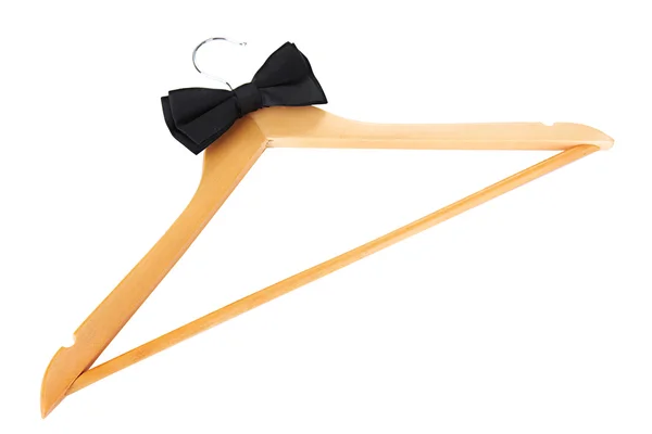 Black bow tie on wooden hanger, isolated on white — Stock Photo, Image