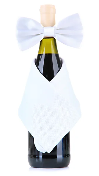 White bow tie on wine bottle isolated on white — Stock Photo, Image