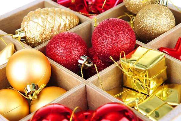 Wooden box filled with christmas decorations background Stock Image