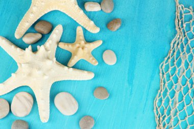 Mavi ahşap masa yakın çekim üzerinde beyaz starfishes