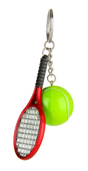 Key chain-tennis racket and tennis ball isolated on white — Stock Photo, Image