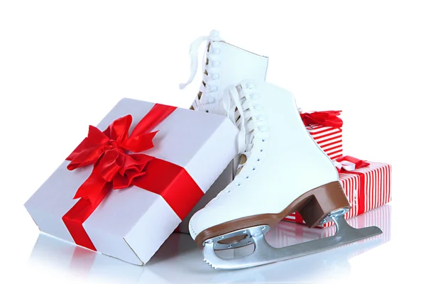 Figure skates in gift box isolated on white — Stock Photo, Image