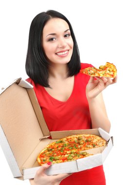 güzel kız beyaz izole pizza yiyor