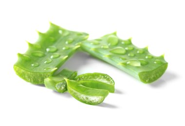 Aloe yaprakları damla, üzerinde beyaz izole