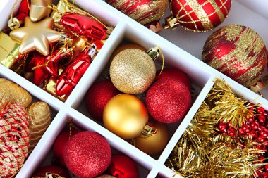 ahşap kutu Noel süsleri arka plan ile dolu