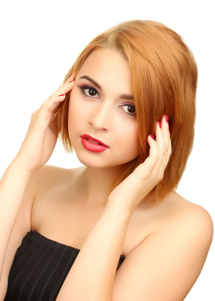 Retrato de sexy jovem mulher com glamour make up e manicure vermelho — Fotografia de Stock